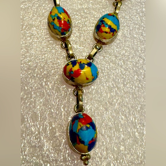 Agate necklace set w/red, blue, yellow & sterling silver-16” + matching earrings - Picture 2 of 6
